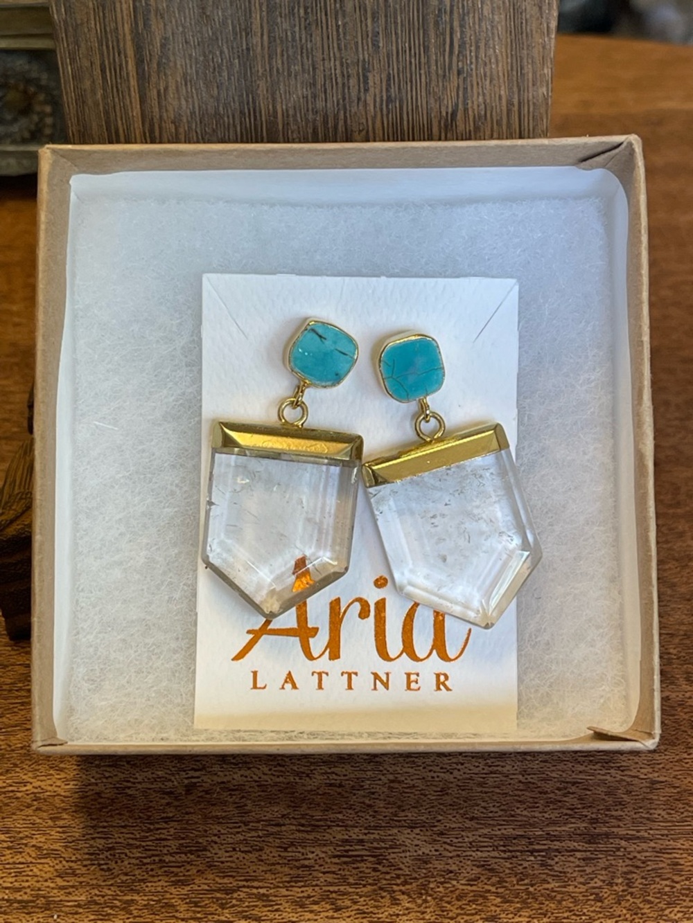 Gold-Tone Earrings with Turquoise Studs and Clear Crystal Drops - Picture 7 of 8